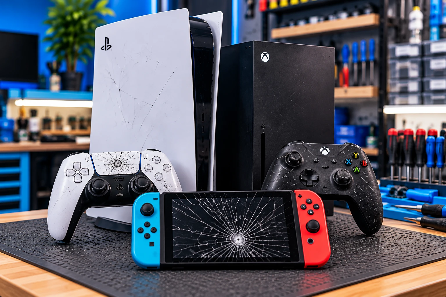 Advanced game console diagnostics with disassembled gaming consoles and controllers in Cocoa FL