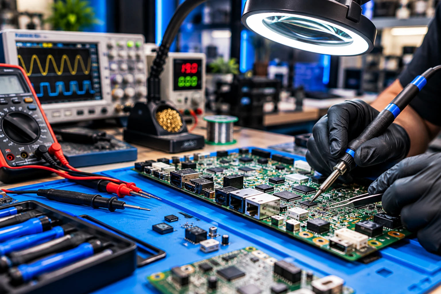 Technician performing advanced electronics diagnostics and circuit board repair in Cocoa FL