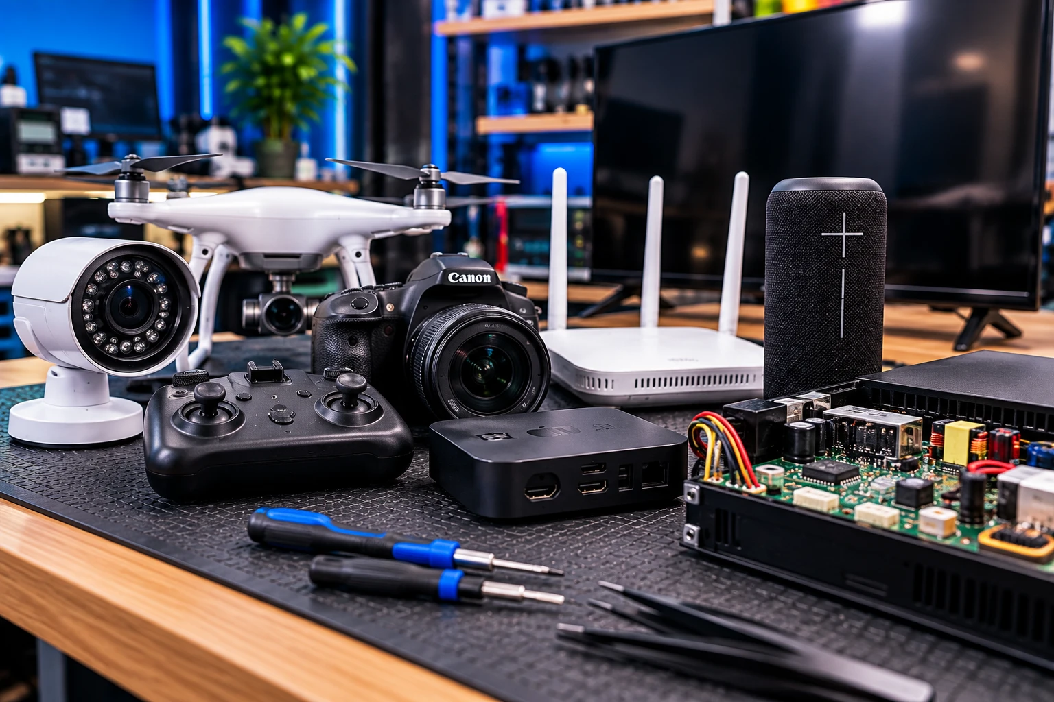 Professional electronics repair workspace with cameras, drones, routers and circuit boards in Cocoa FL