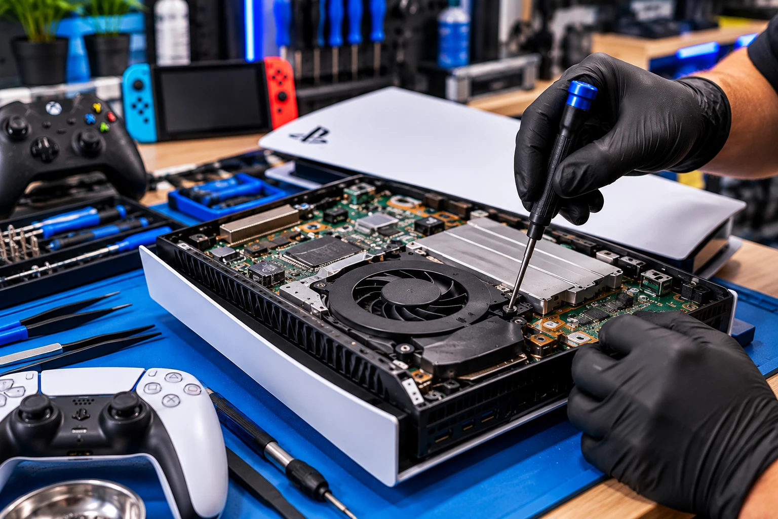 Professional game console repair technician working on a PlayStation 5 motherboard in Cocoa FL