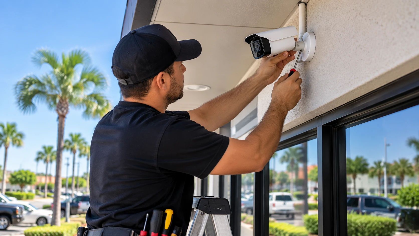 Professional security camera installation technician mounting an outdoor surveillance camera in Cocoa FL