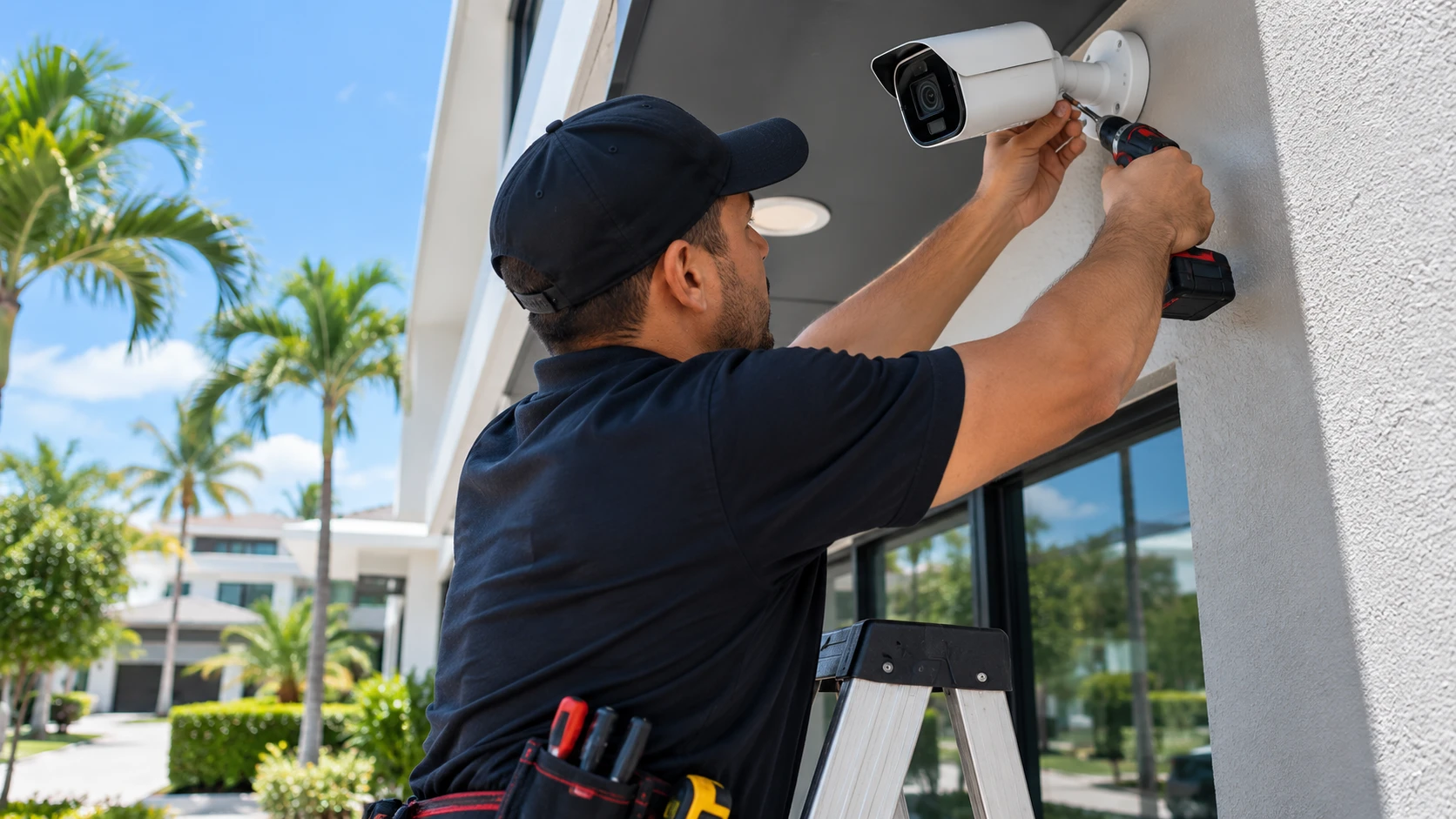 Technician performing professional surveillance camera installation on a residential property in Cocoa FL