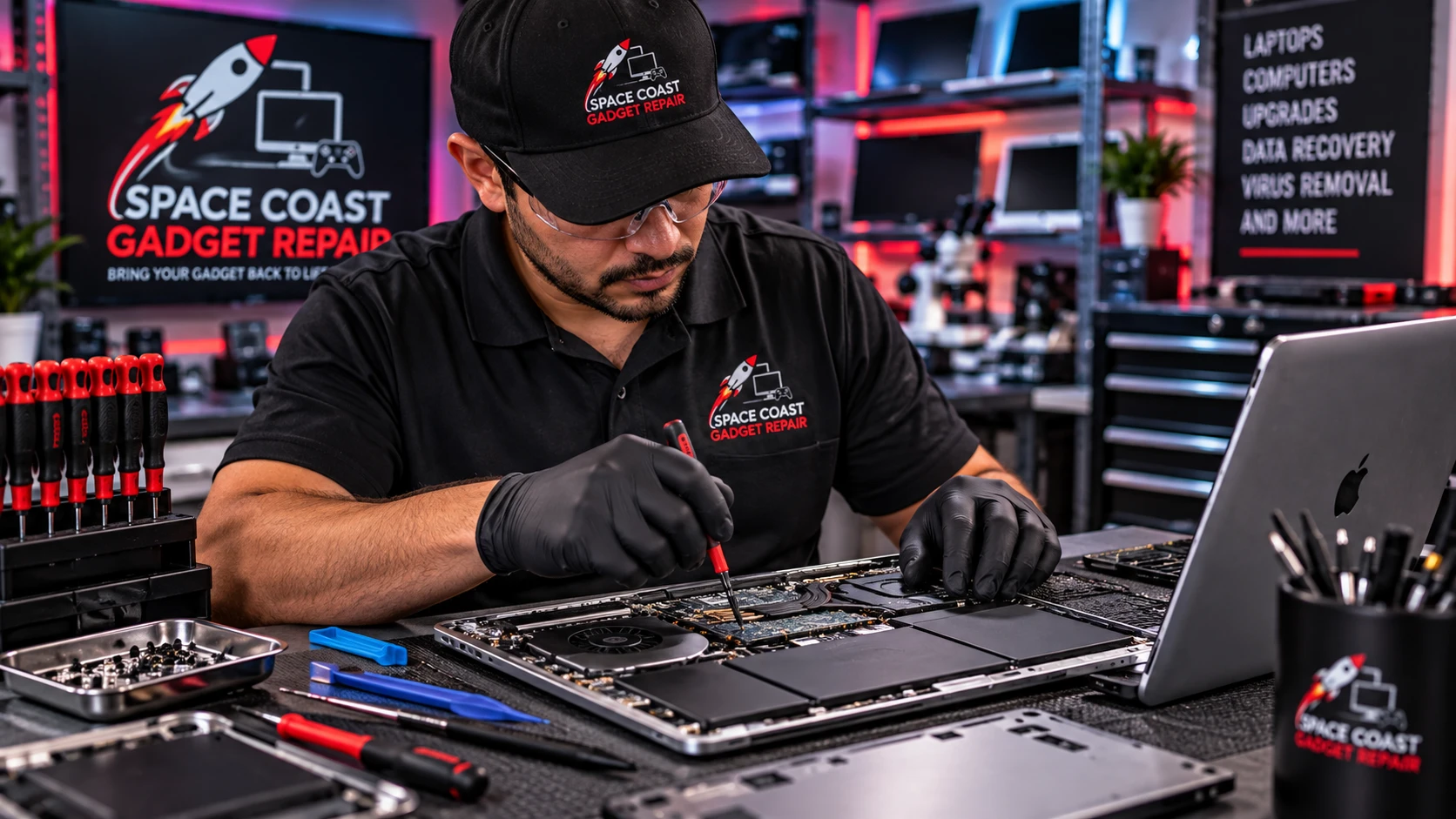 Technician performing advanced laptop hardware diagnostics and component repair in Cocoa FL