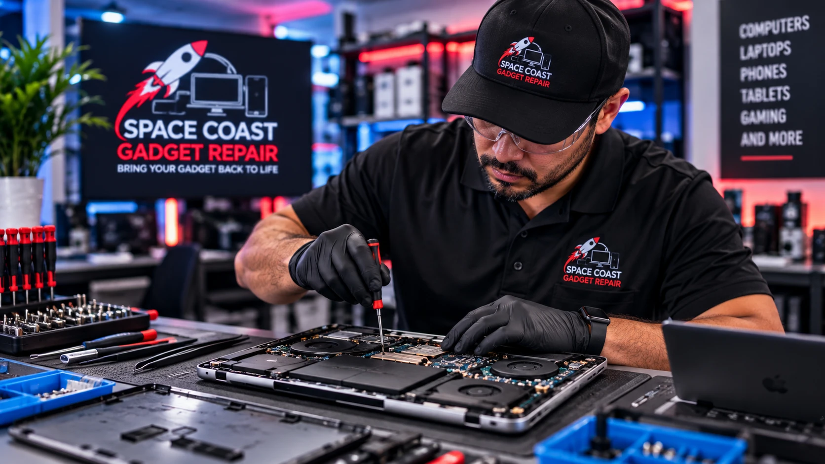 Professional computer and laptop repair technician working on a laptop motherboard in Cocoa FL