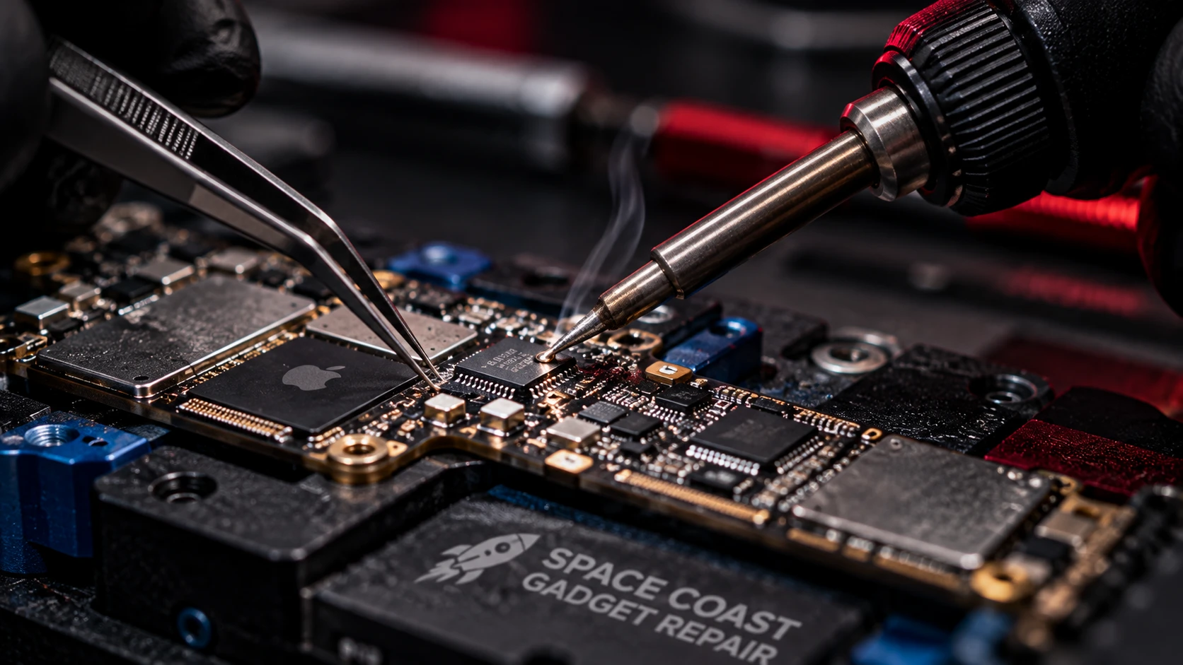 Precision motherboard microsoldering with soldering iron and tweezers