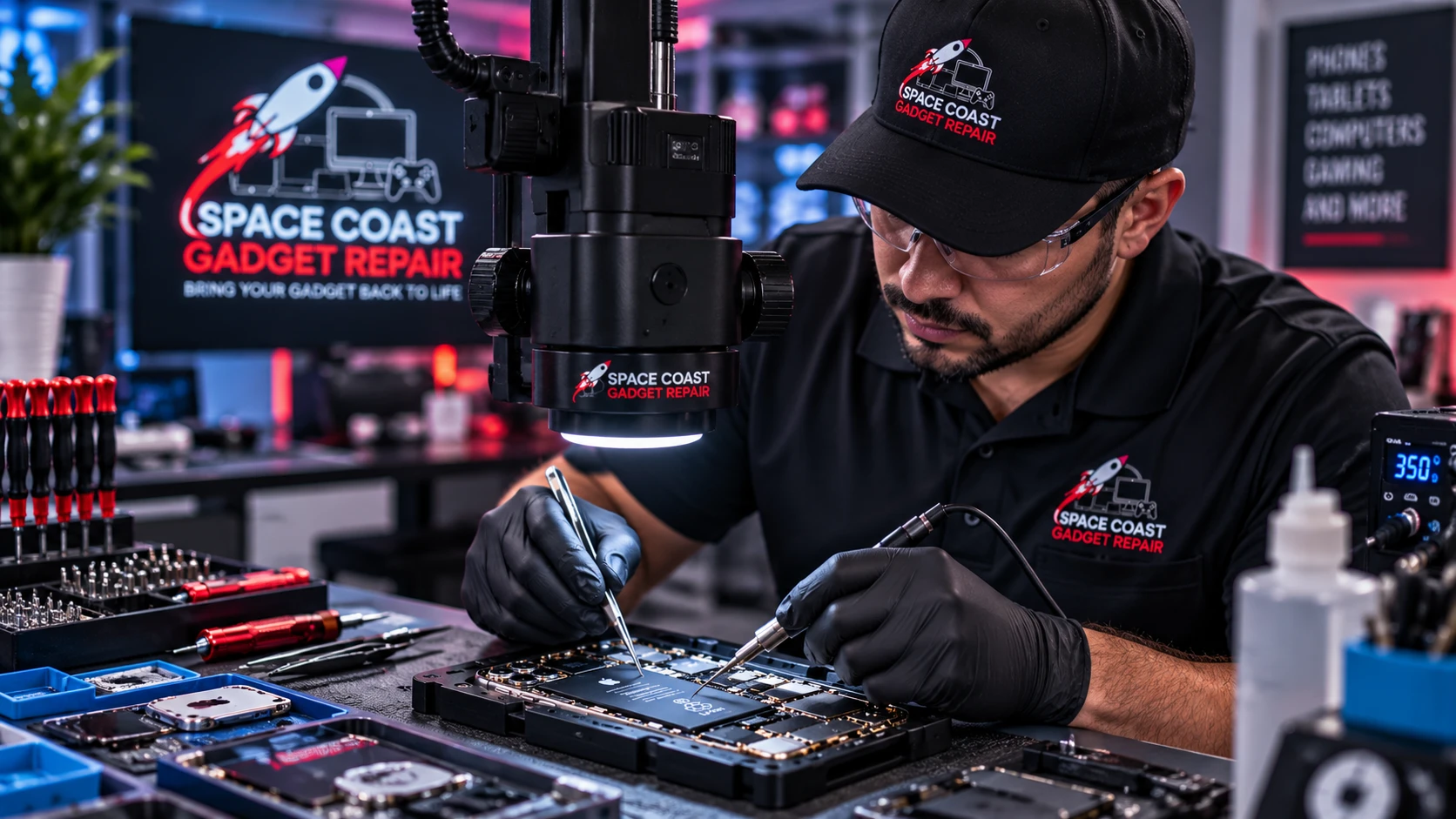 Precision phone repair under microscope with soldering tools in Cocoa FL