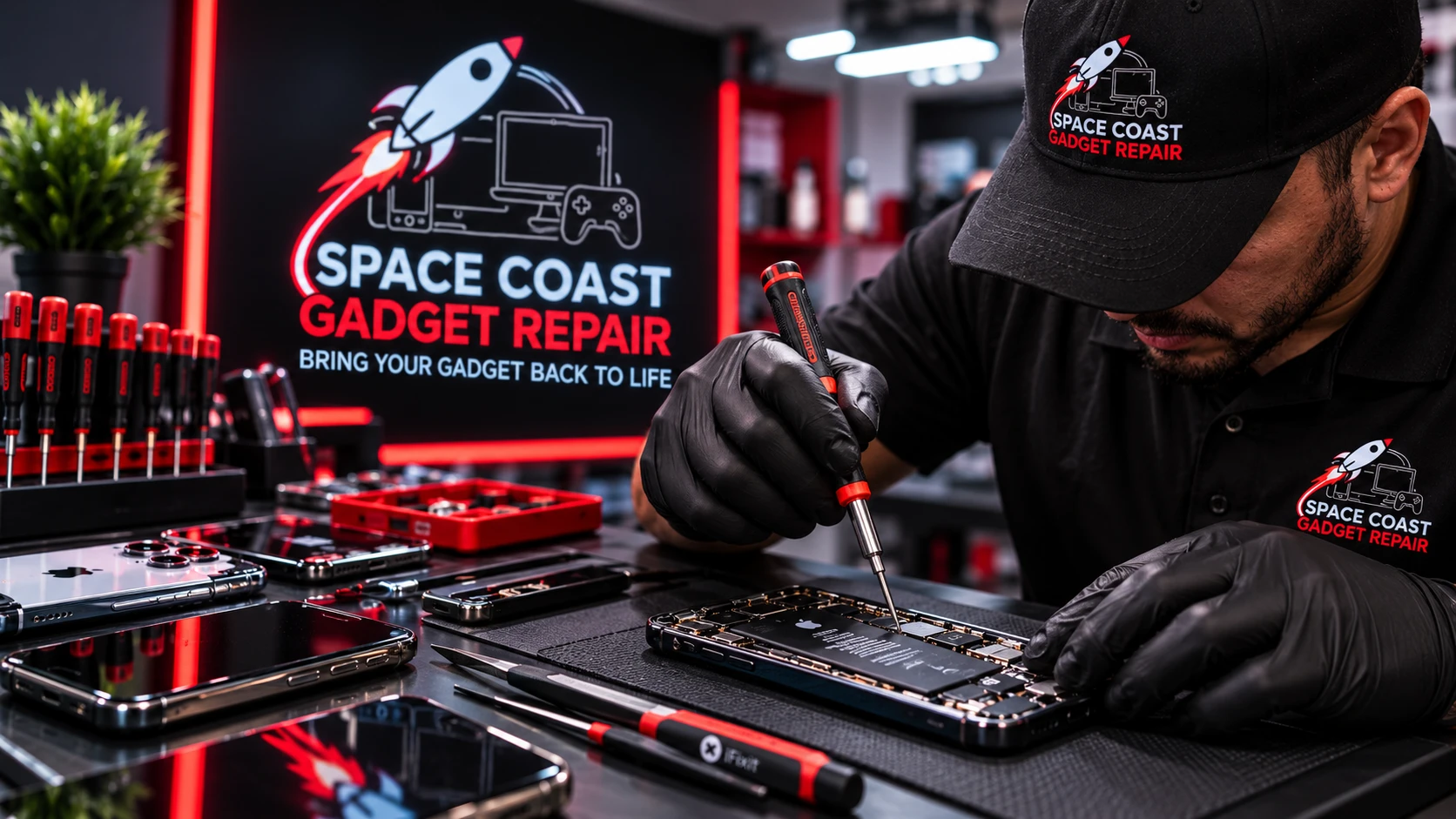 Professional phone repair technician fixing an iPhone in Cocoa FL